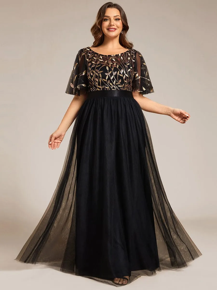 Plus Size Women's Embroidery Bridesmaid Dress with Short Sleeve