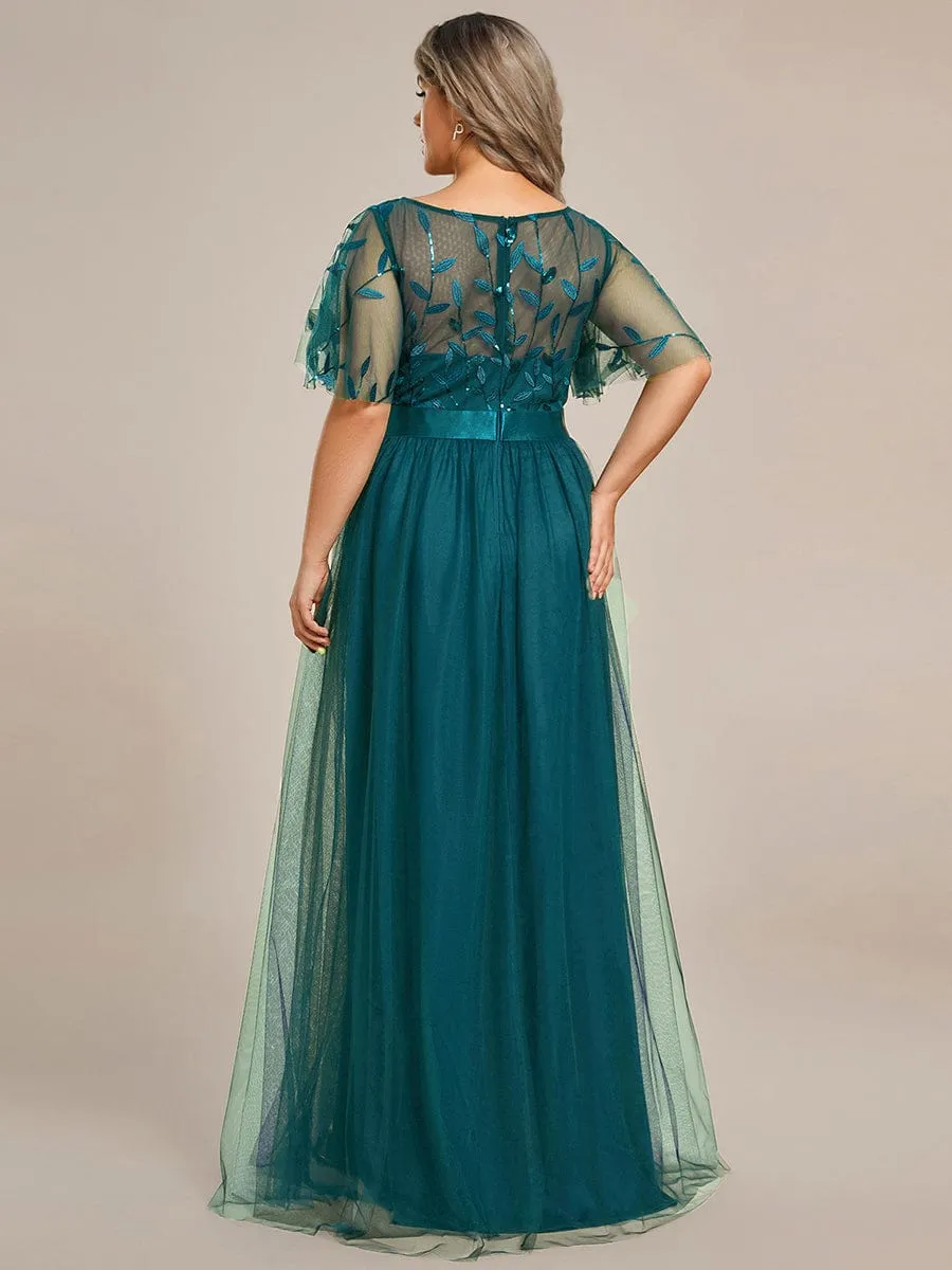 Plus Size Women's Embroidery Bridesmaid Dress with Short Sleeve