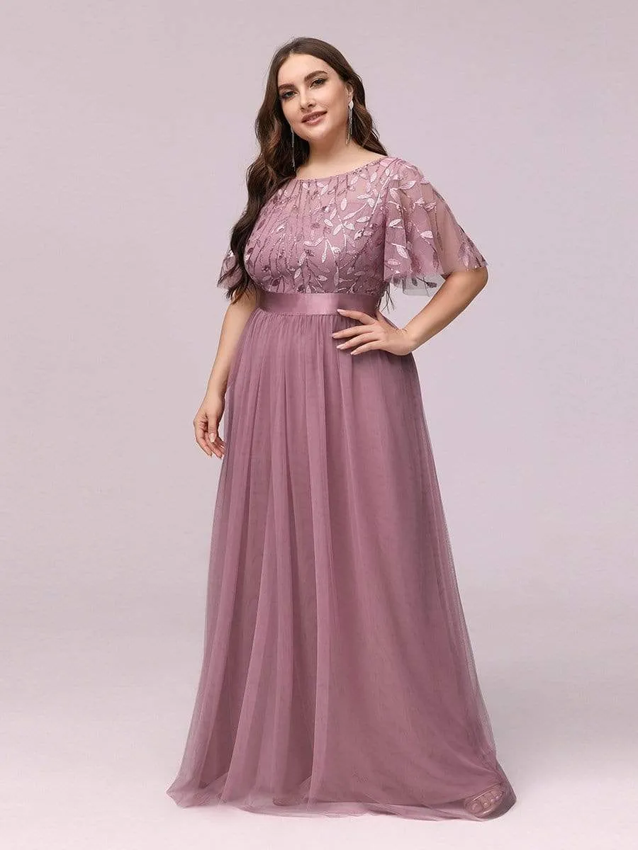 Plus Size Women's Embroidery Bridesmaid Dress with Short Sleeve