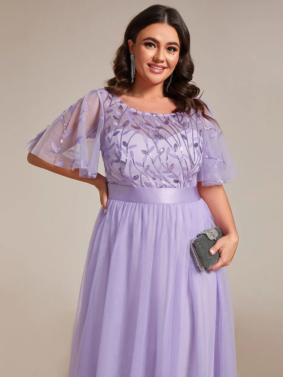 Plus Size Women's Embroidery Bridesmaid Dress with Short Sleeve