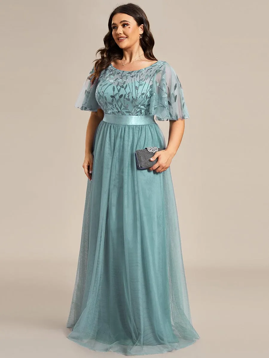 Plus Size Women's Embroidery Bridesmaid Dress with Short Sleeve