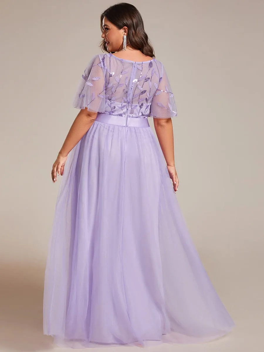 Plus Size Women's Embroidery Bridesmaid Dress with Short Sleeve