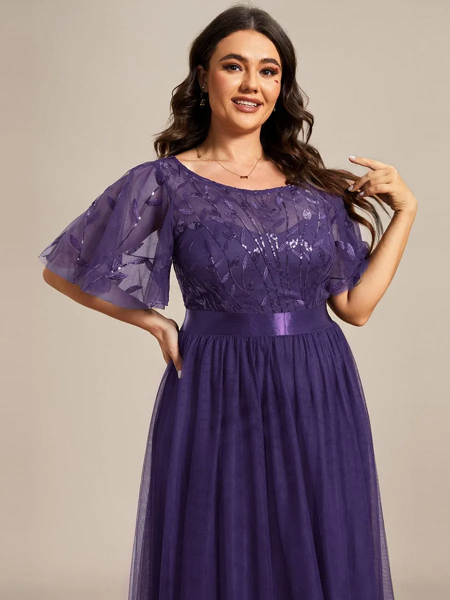 Plus Size Women's Embroidery Bridesmaid Dress with Short Sleeve