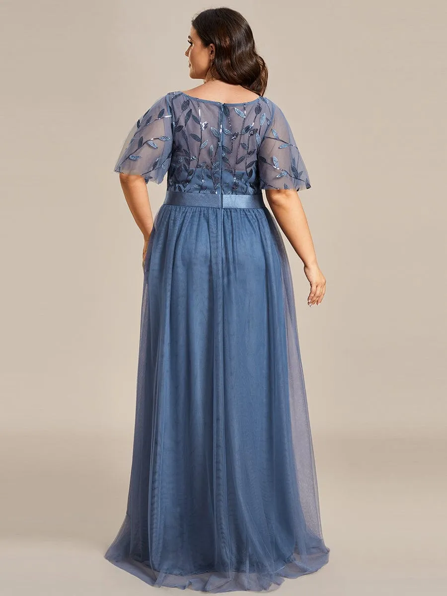 Plus Size Women's Embroidery Bridesmaid Dress with Short Sleeve