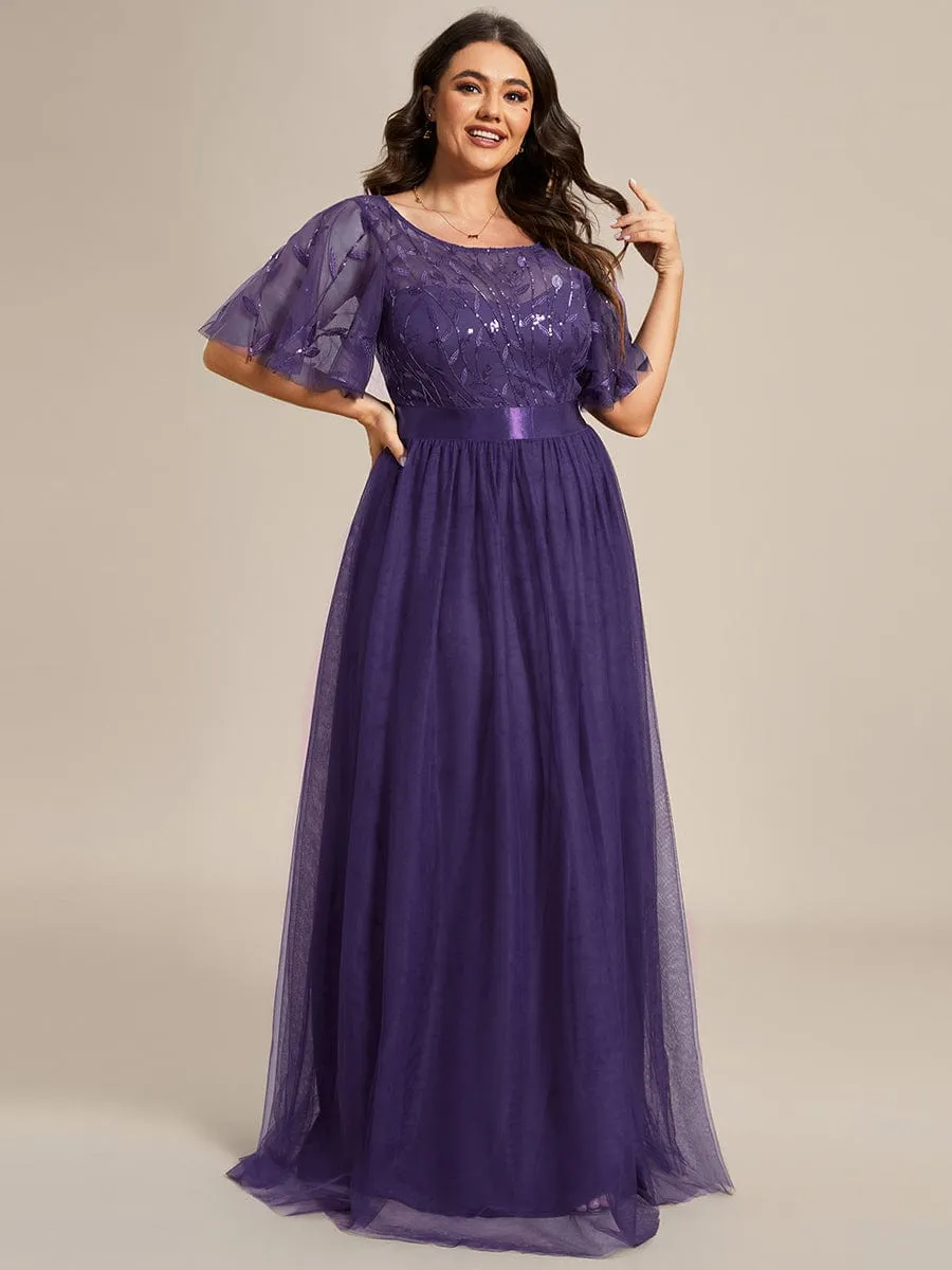 Plus Size Women's Embroidery Bridesmaid Dress with Short Sleeve