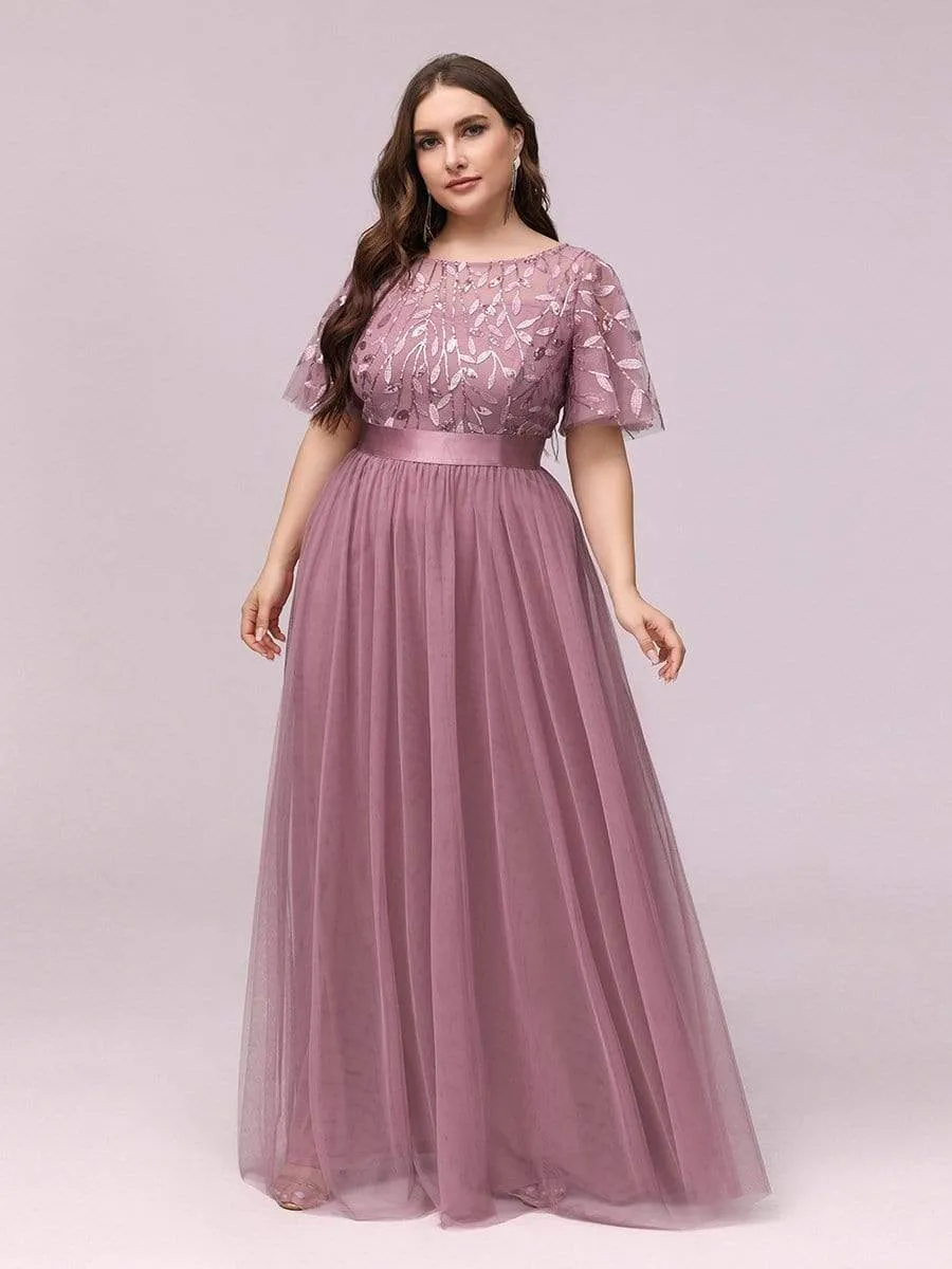 Plus Size Women's Embroidery Bridesmaid Dress with Short Sleeve