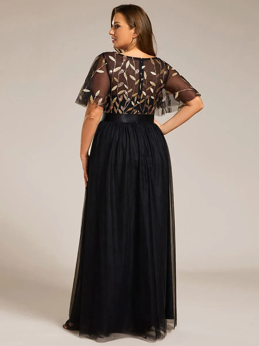 Plus Size Women's Embroidery Bridesmaid Dress with Short Sleeve