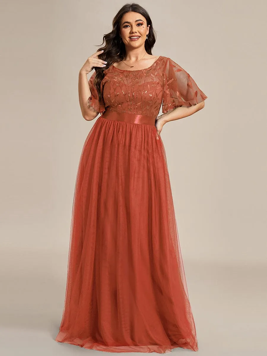 Plus Size Women's Embroidery Bridesmaid Dress with Short Sleeve