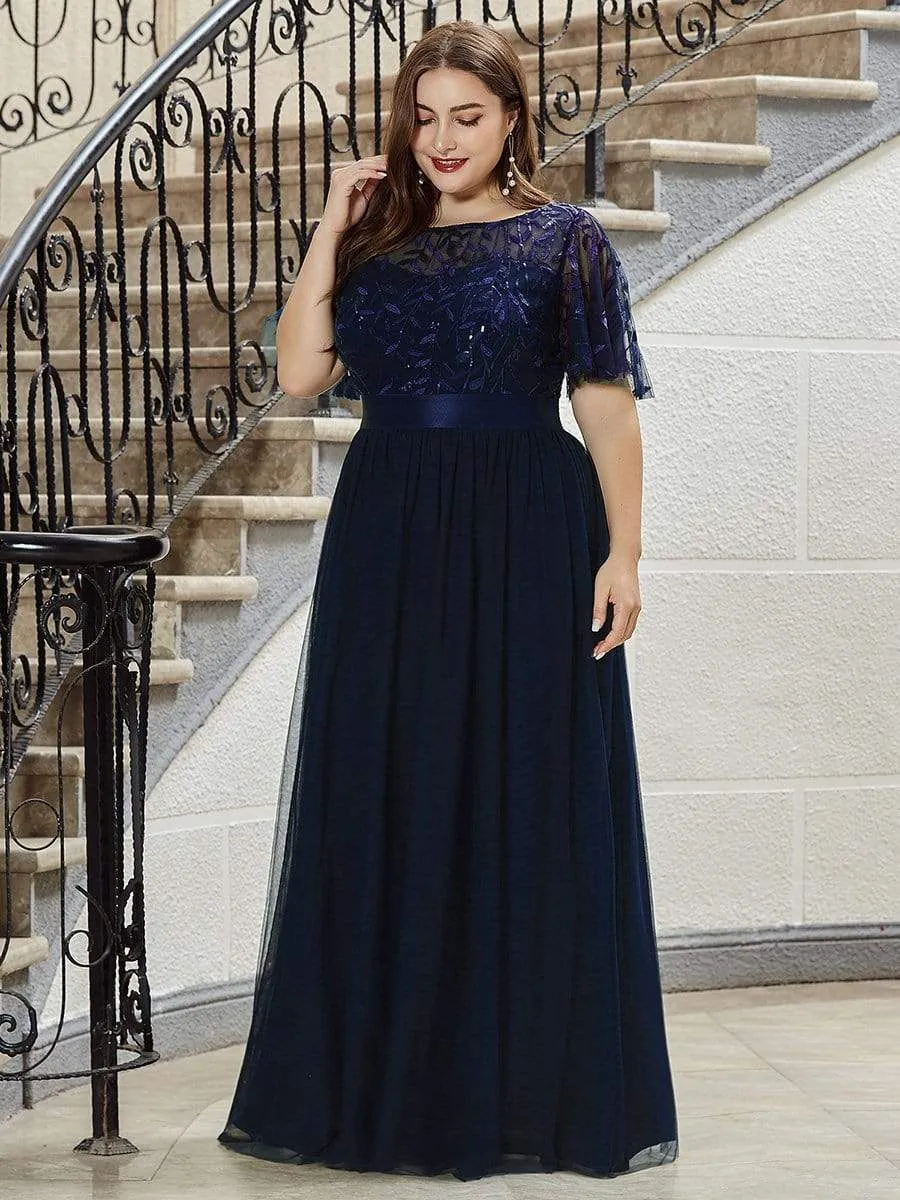 Plus Size Women's Embroidery Bridesmaid Dress with Short Sleeve