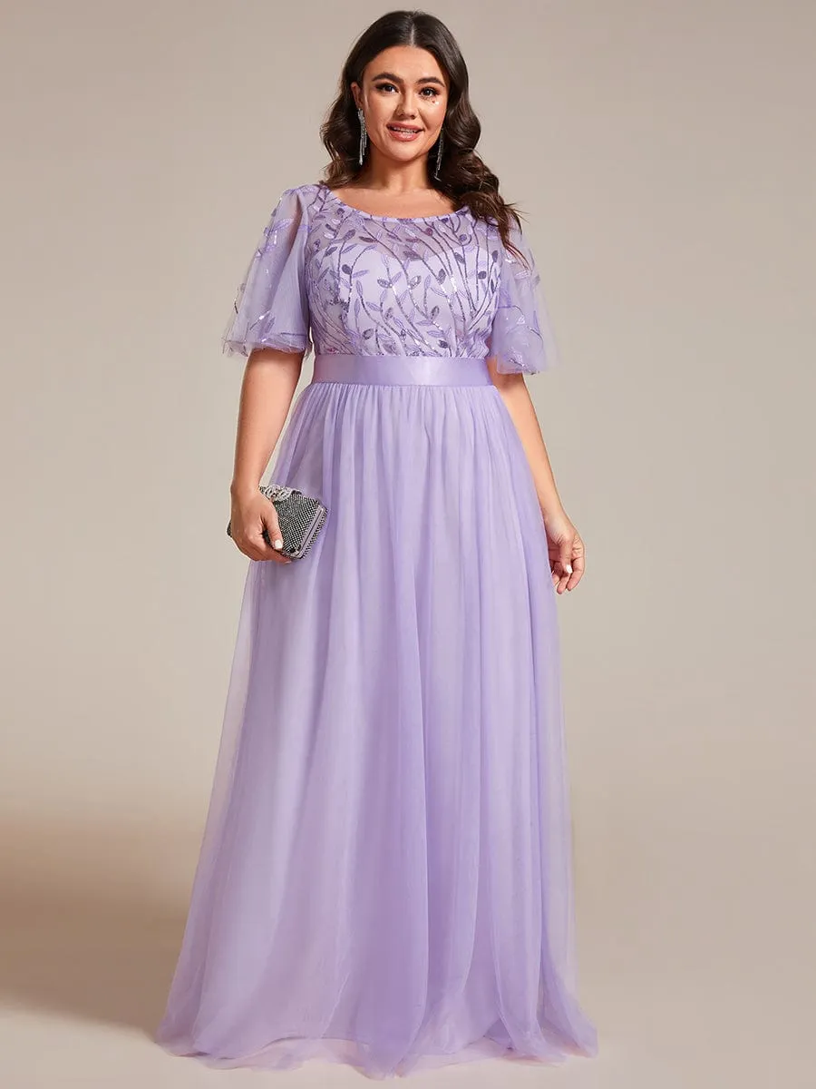 Plus Size Women's Embroidery Bridesmaid Dress with Short Sleeve