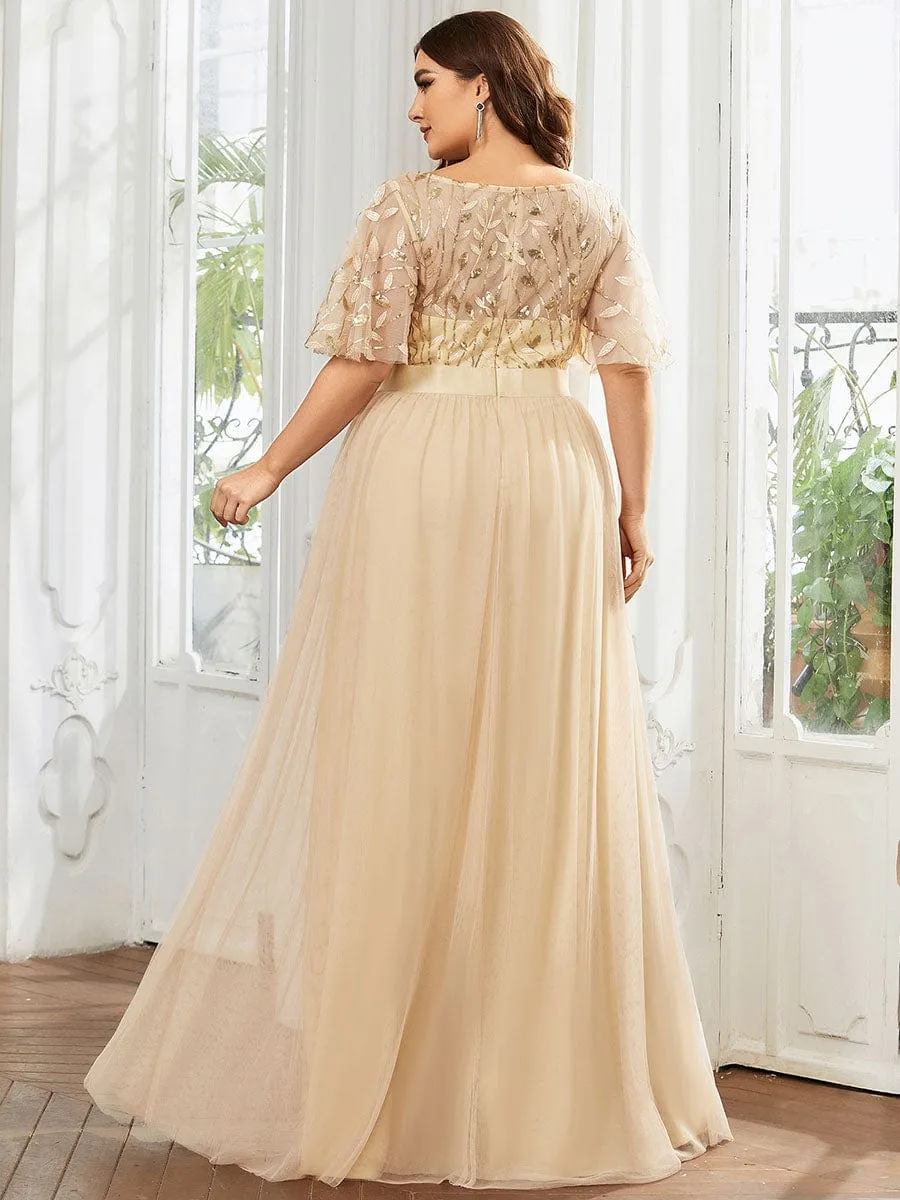 Plus Size Women's Embroidery Bridesmaid Dress with Short Sleeve