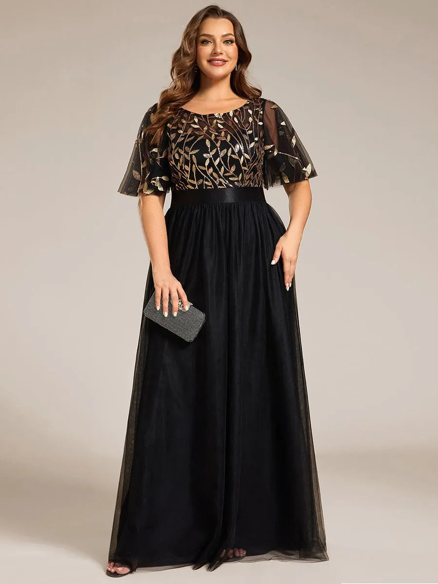 Plus Size Women's Embroidery Bridesmaid Dress with Short Sleeve