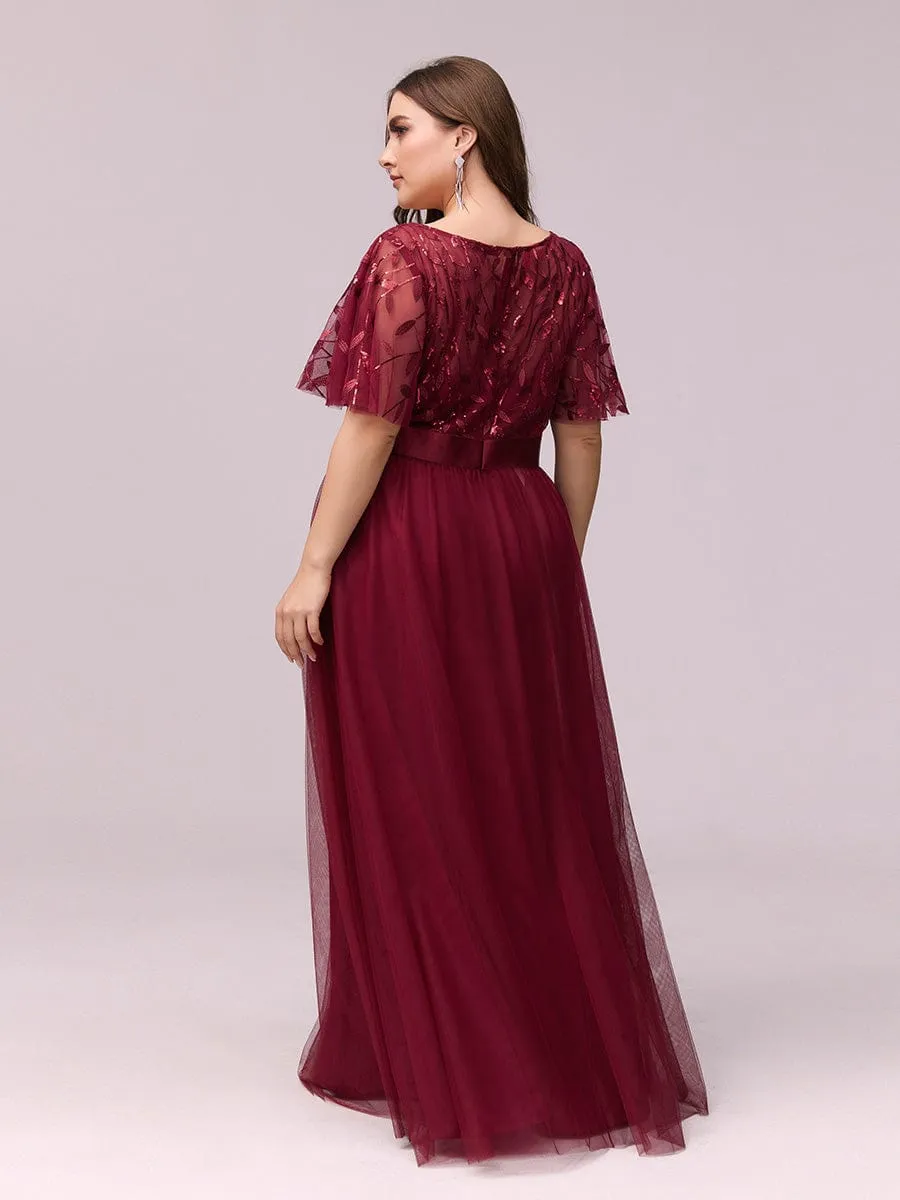 Plus Size Women's Embroidery Bridesmaid Dress with Short Sleeve