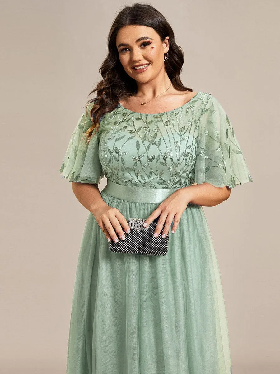 Plus Size Women's Embroidery Bridesmaid Dress with Short Sleeve