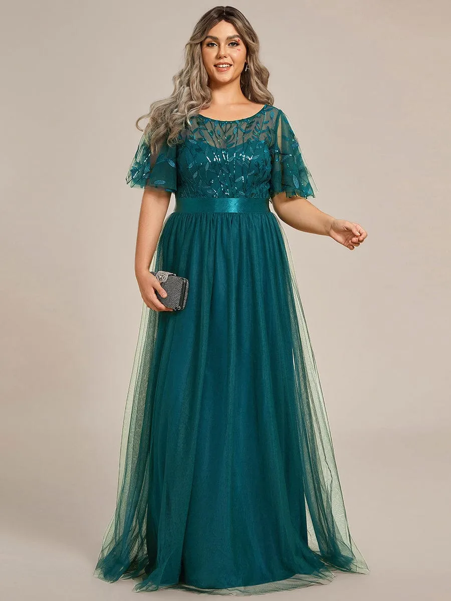 Plus Size Women's Embroidery Bridesmaid Dress with Short Sleeve