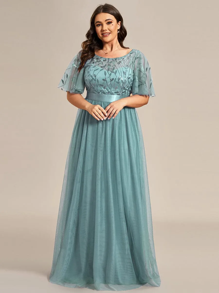 Plus Size Women's Embroidery Bridesmaid Dress with Short Sleeve