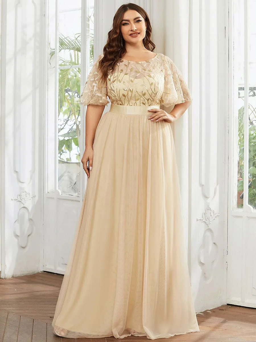 Plus Size Women's Embroidery Bridesmaid Dress with Short Sleeve