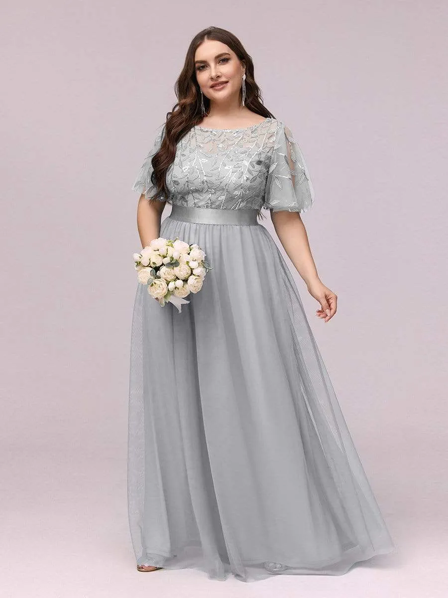 Plus Size Women's Embroidery Bridesmaid Dress with Short Sleeve