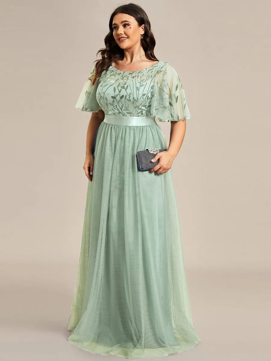 Plus Size Women's Embroidery Bridesmaid Dress with Short Sleeve