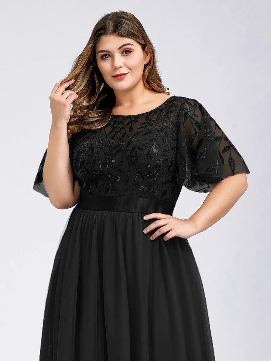 Plus Size Women's Embroidery Bridesmaid Dress with Short Sleeve