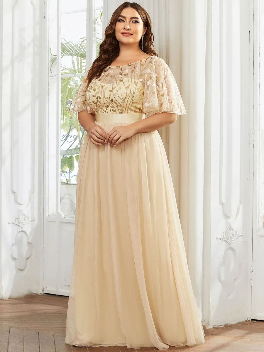 Plus Size Women's Embroidery Bridesmaid Dress with Short Sleeve