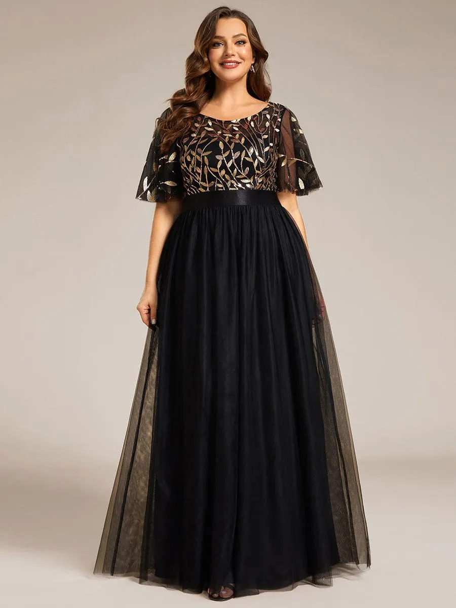 Plus Size Women's Embroidery Bridesmaid Dress with Short Sleeve