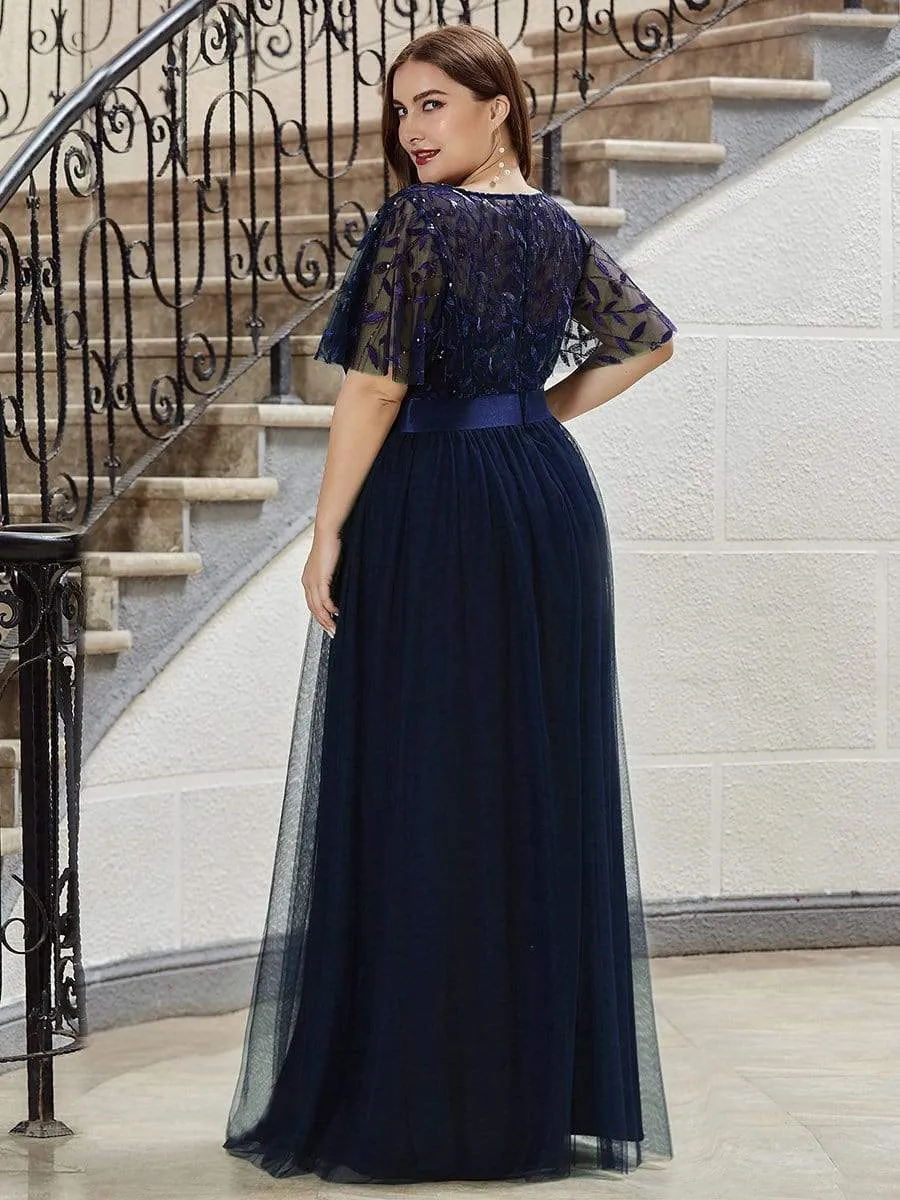 Plus Size Women's Embroidery Bridesmaid Dress with Short Sleeve