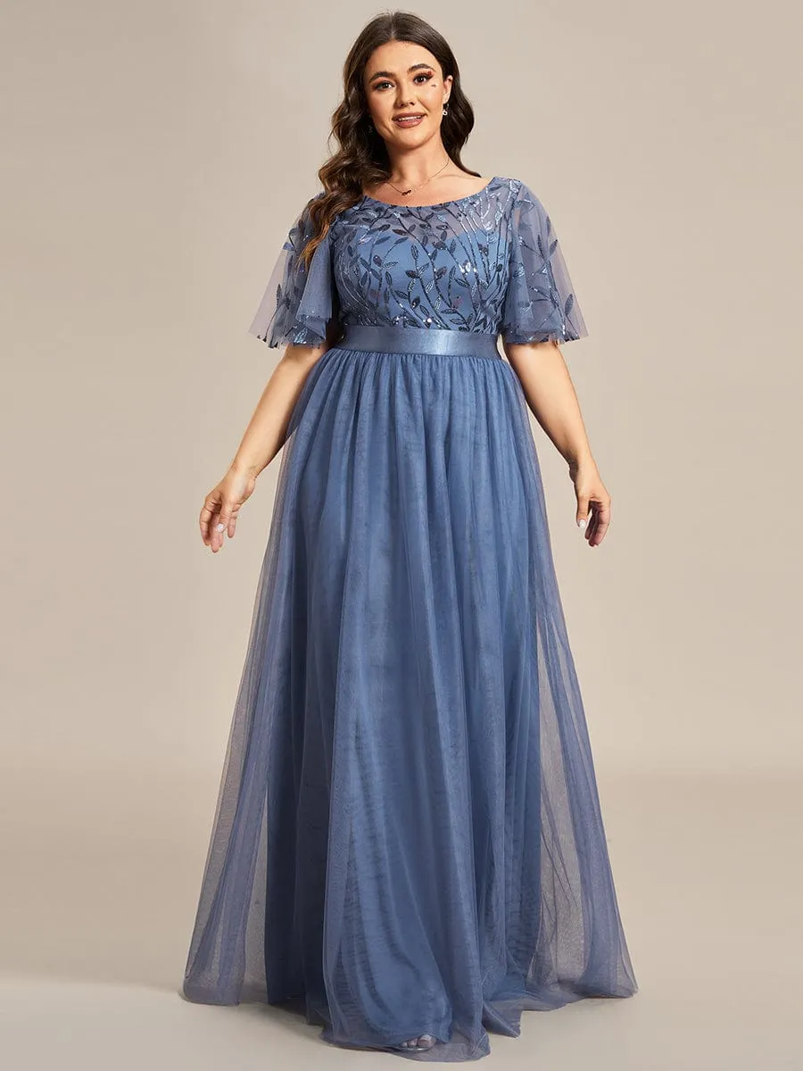 Plus Size Women's Embroidery Bridesmaid Dress with Short Sleeve