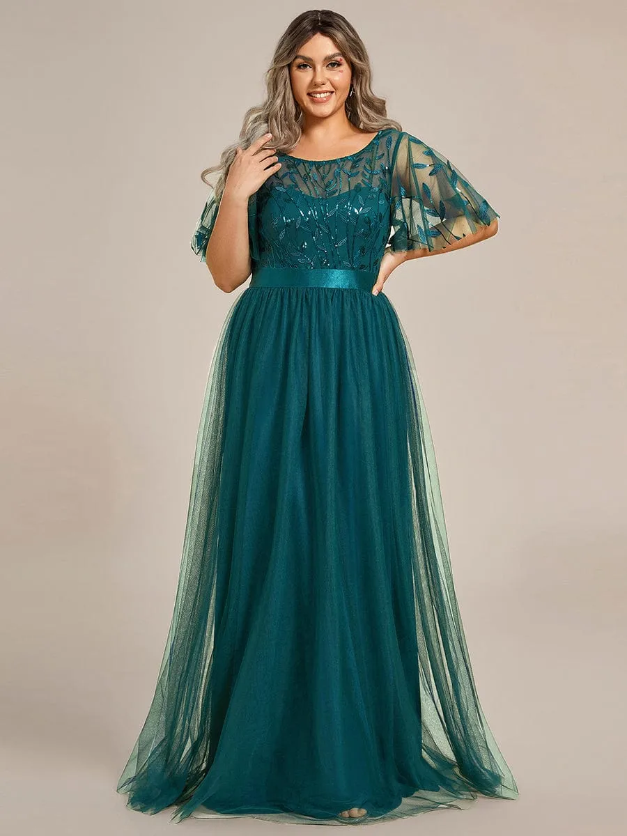 Plus Size Women's Embroidery Bridesmaid Dress with Short Sleeve