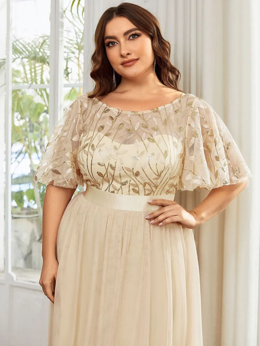 Plus Size Women's Embroidery Bridesmaid Dress with Short Sleeve