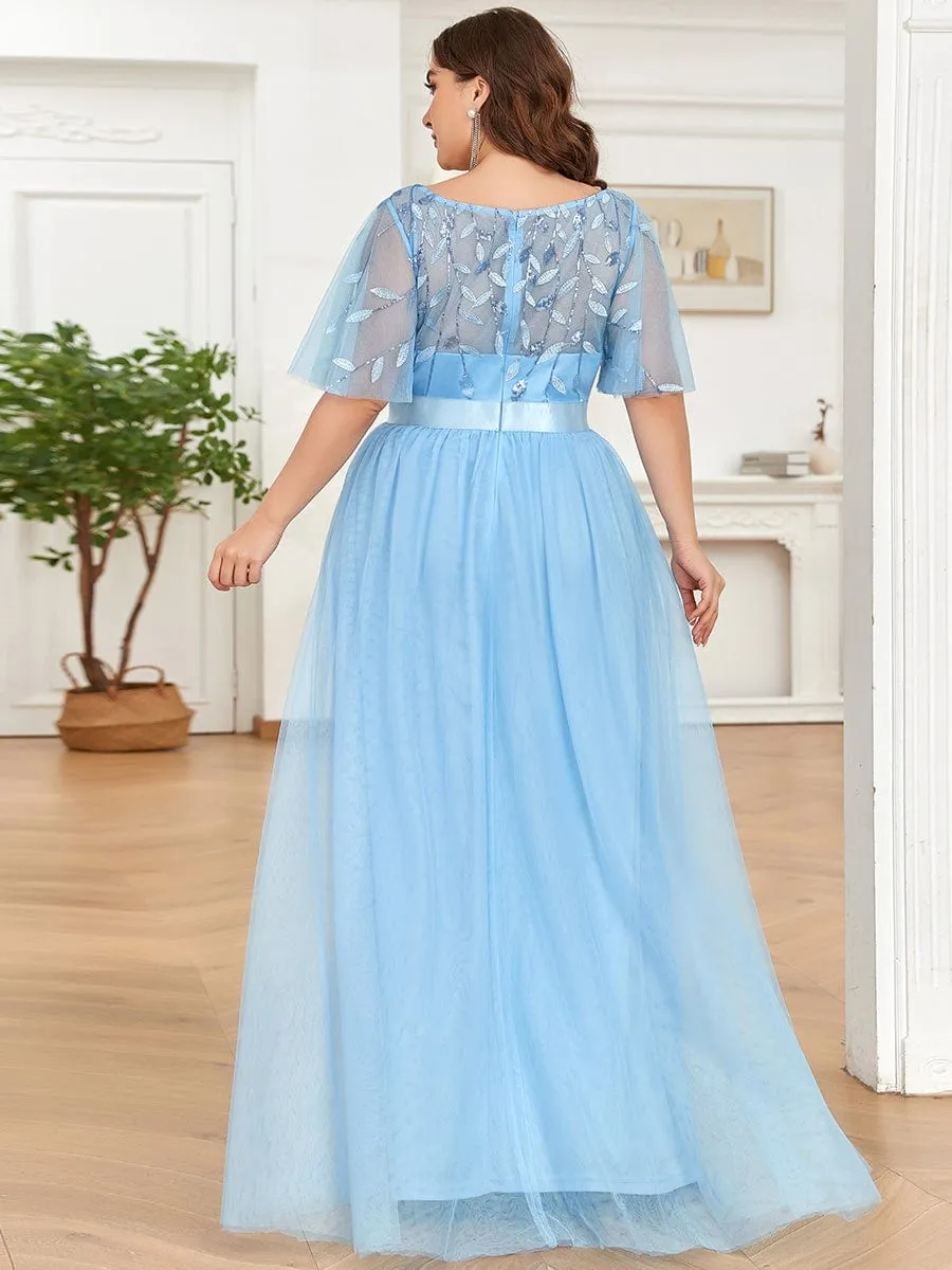 Plus Size Women's Embroidery Bridesmaid Dress with Short Sleeve