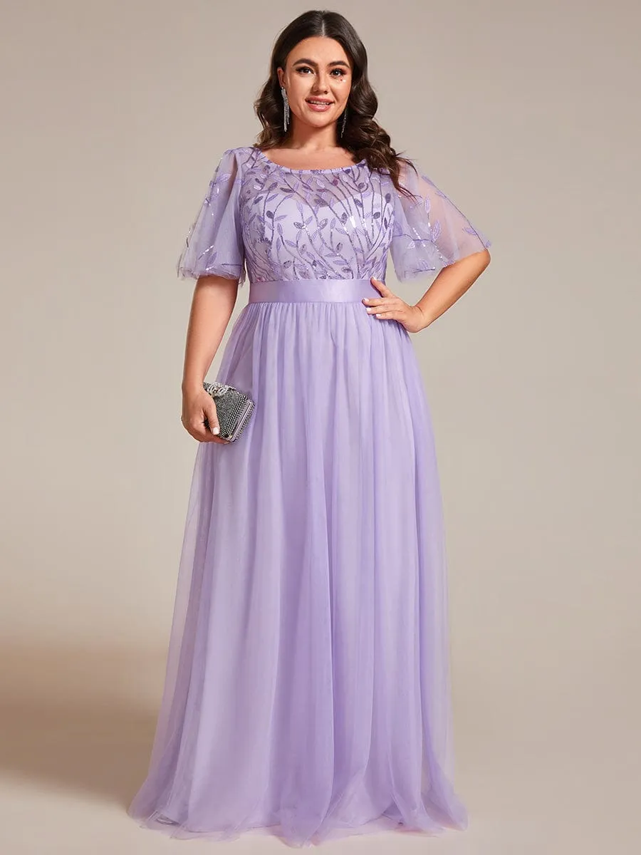 Plus Size Women's Embroidery Bridesmaid Dress with Short Sleeve