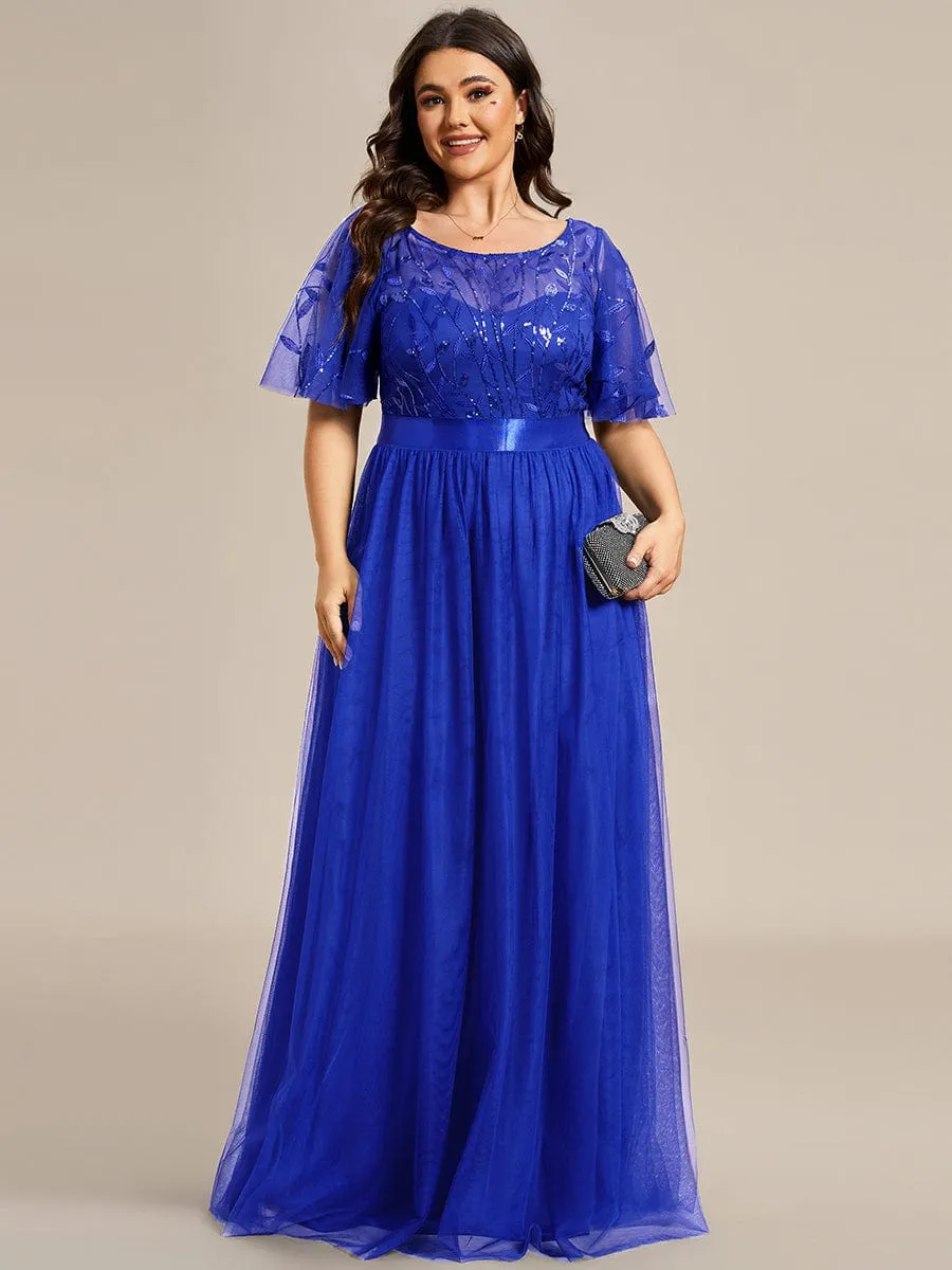 Plus Size Women's Embroidery Bridesmaid Dress with Short Sleeve