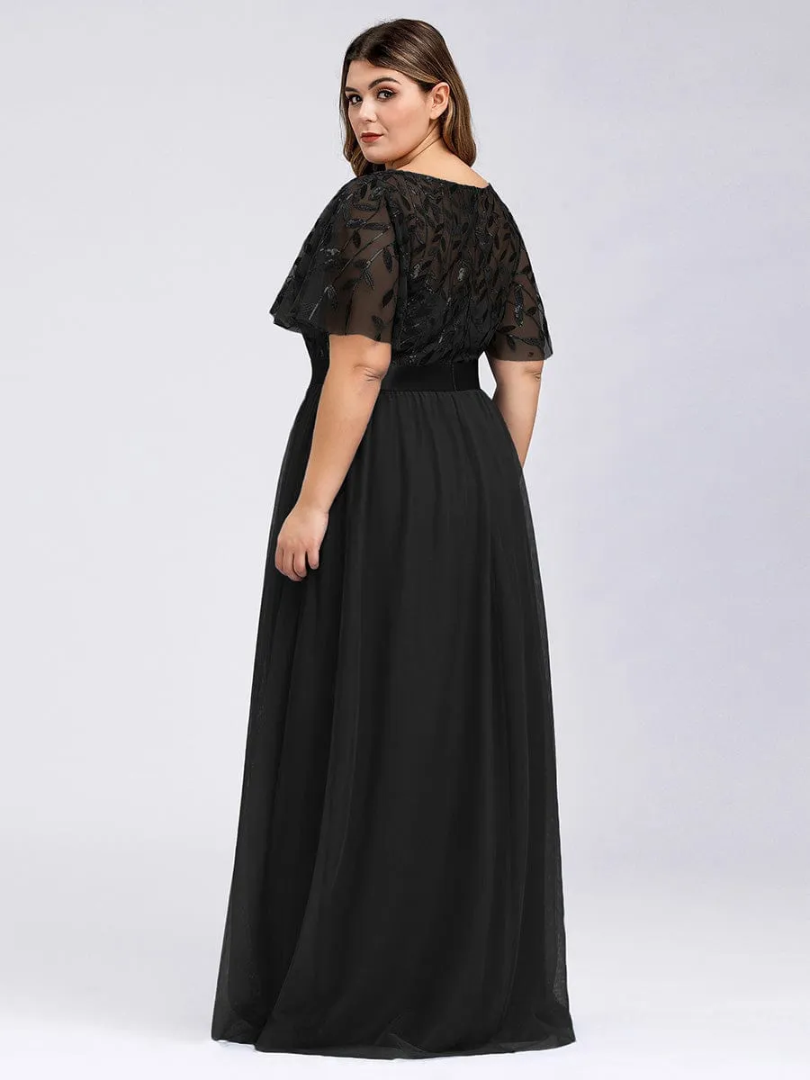 Plus Size Women's Embroidery Bridesmaid Dress with Short Sleeve