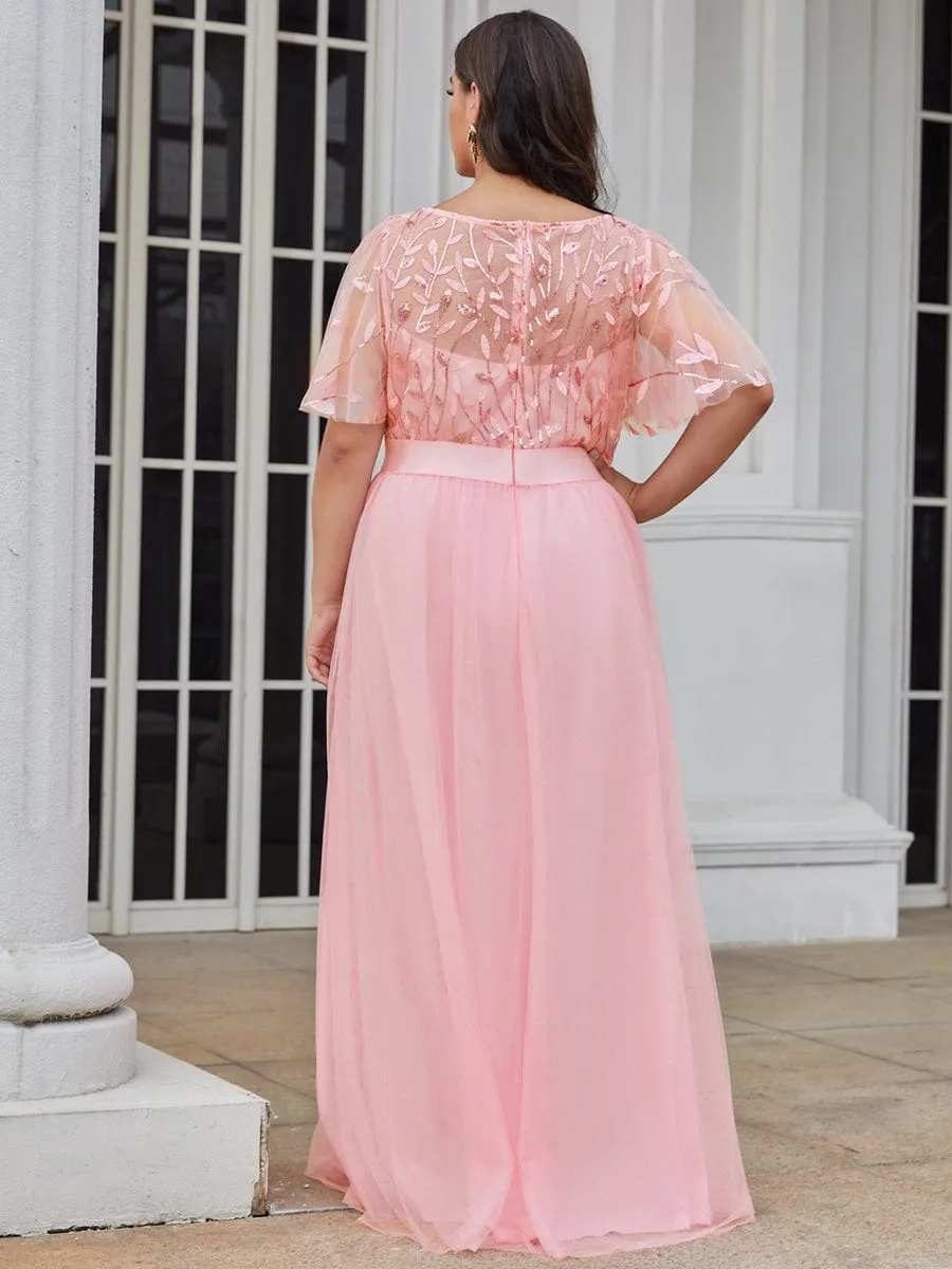 Plus Size Women's Embroidery Bridesmaid Dress with Short Sleeve