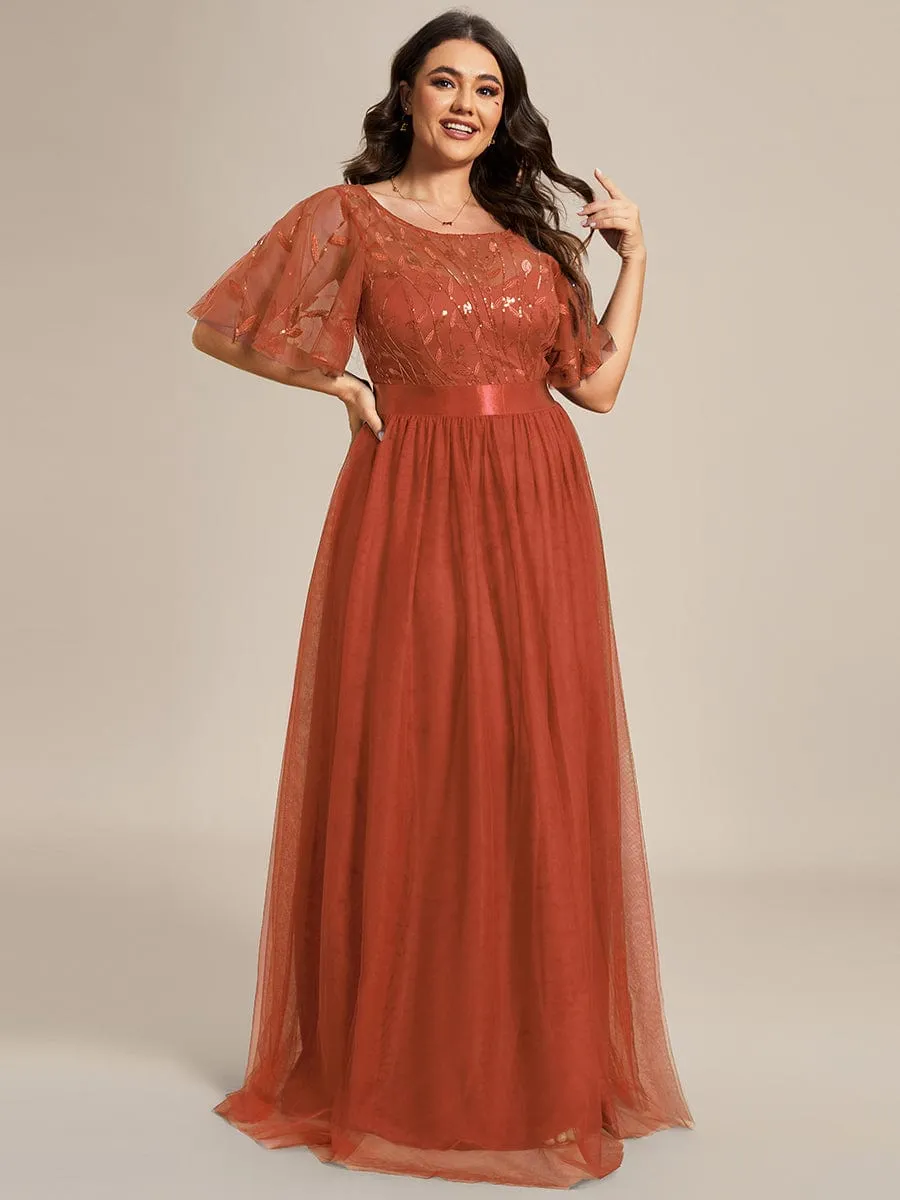 Plus Size Women's Embroidery Bridesmaid Dress with Short Sleeve