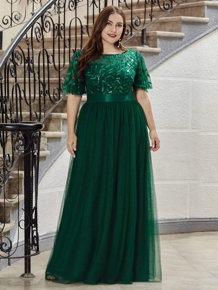 Plus Size Women's Embroidery Bridesmaid Dress with Short Sleeve