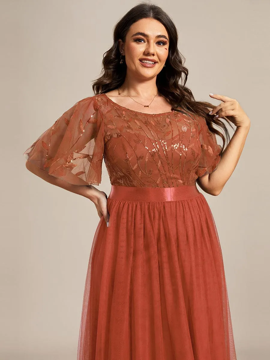 Plus Size Women's Embroidery Bridesmaid Dress with Short Sleeve