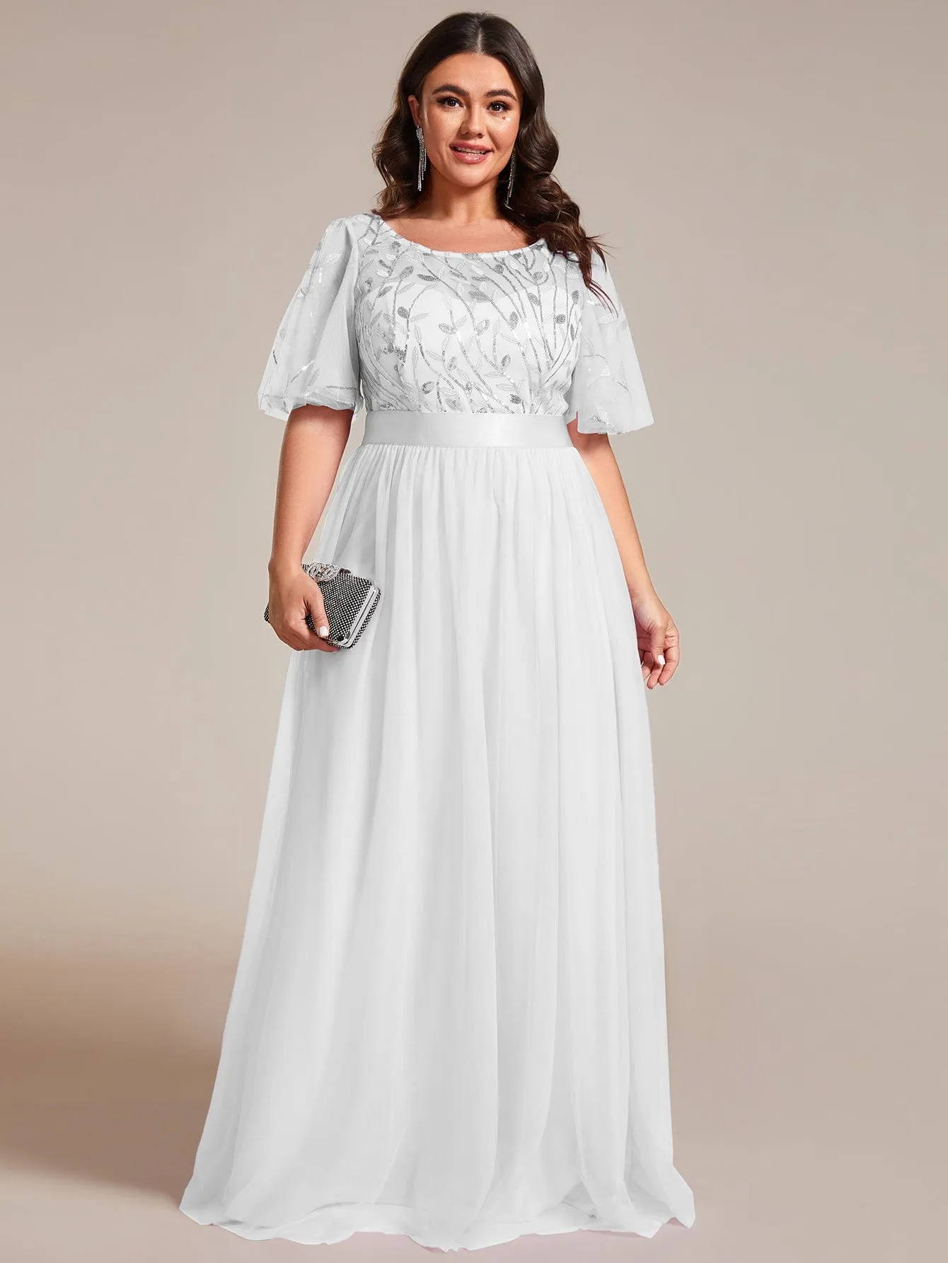 Plus Size Women's Embroidery Bridesmaid Dress with Short Sleeve