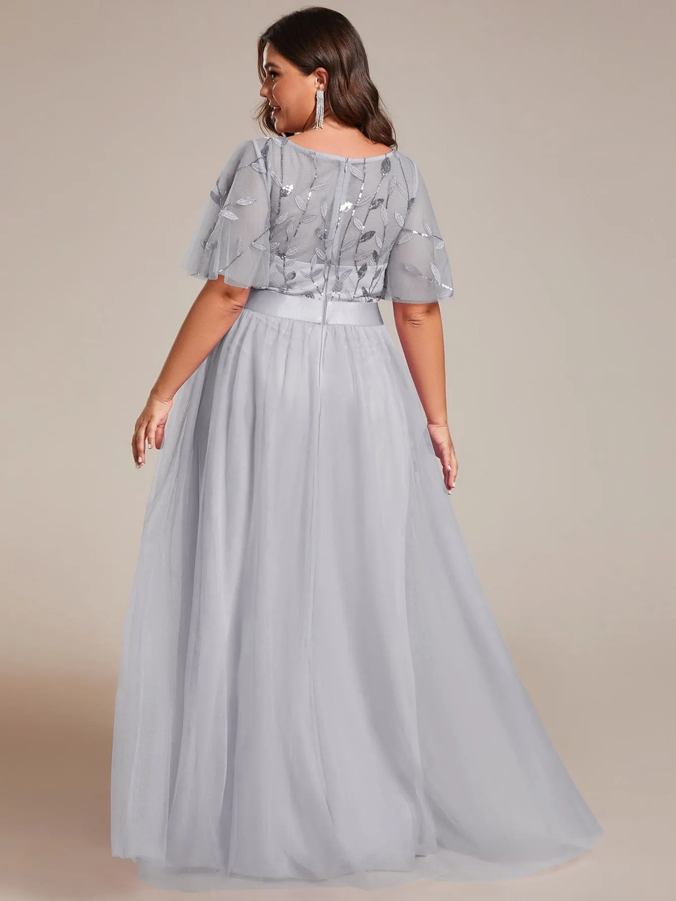 Plus Size Women's Embroidery Bridesmaid Dress with Short Sleeve