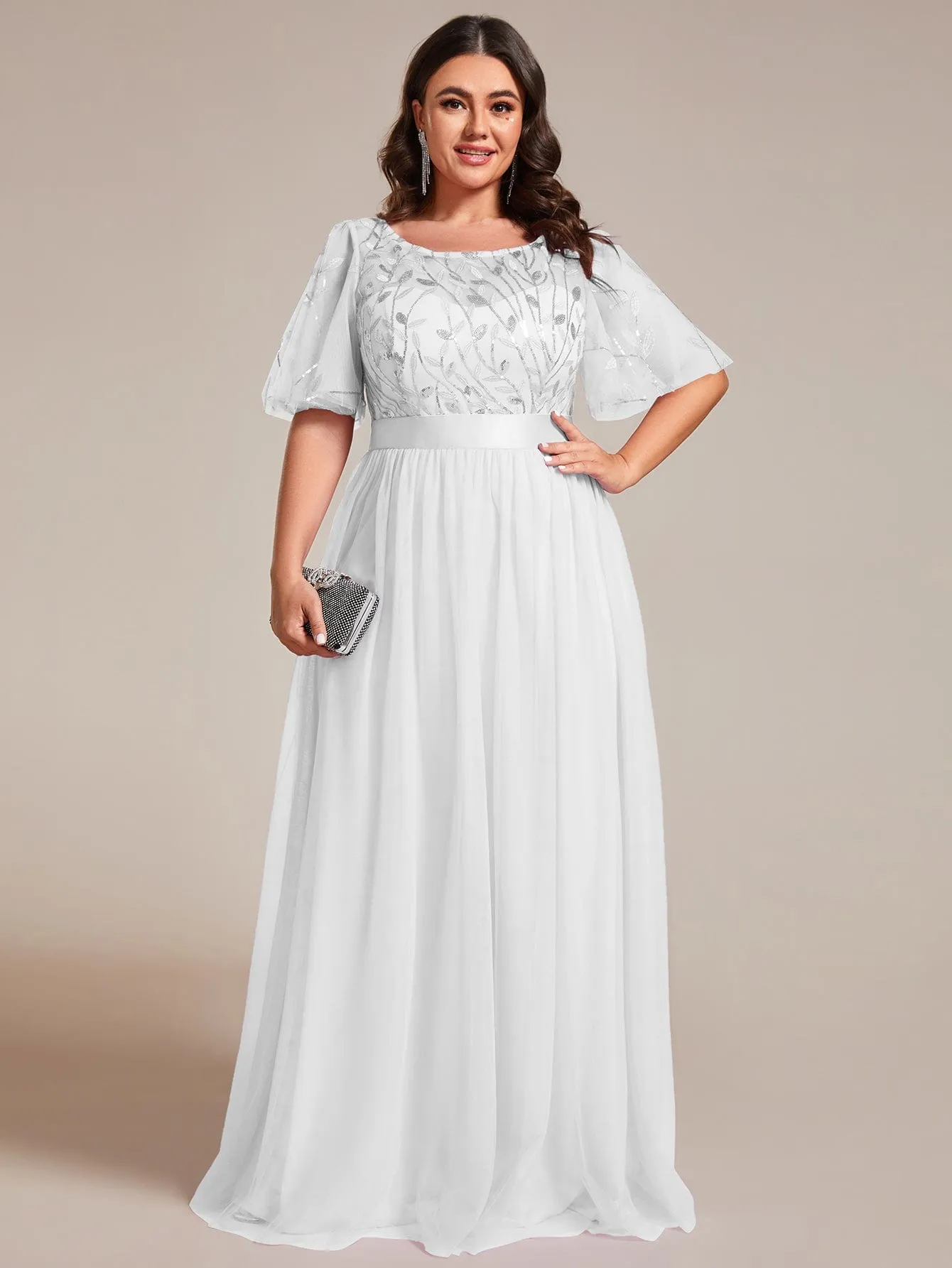 Plus Size Women's Embroidery Bridesmaid Dress with Short Sleeve