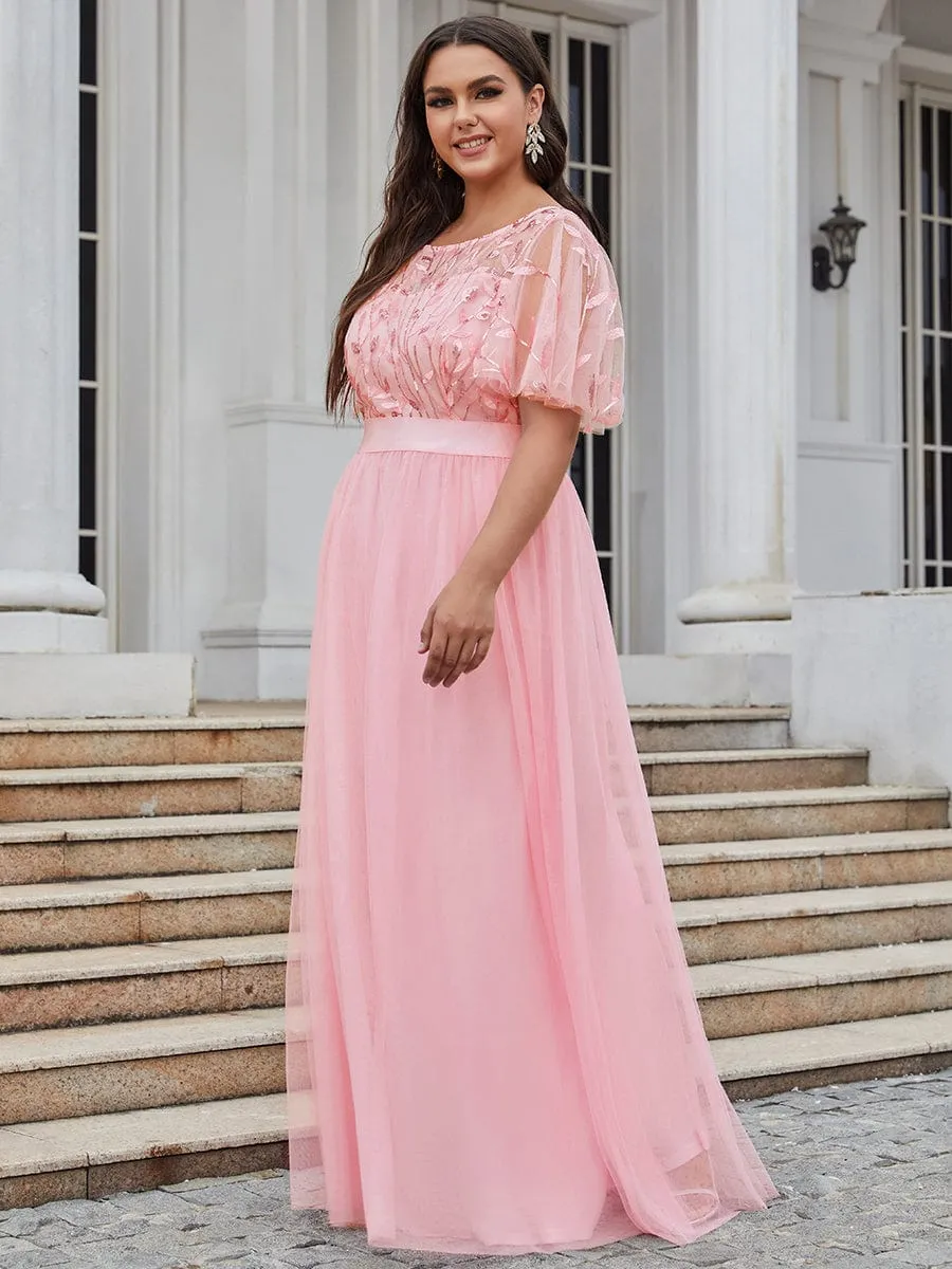 Plus Size Women's Embroidery Bridesmaid Dress with Short Sleeve