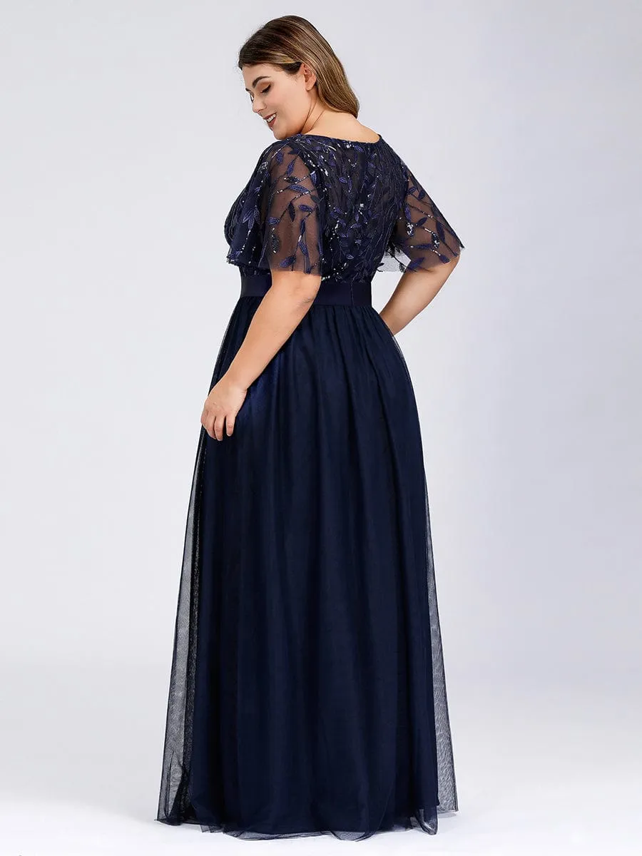 Plus Size Women's Embroidery Bridesmaid Dress with Short Sleeve