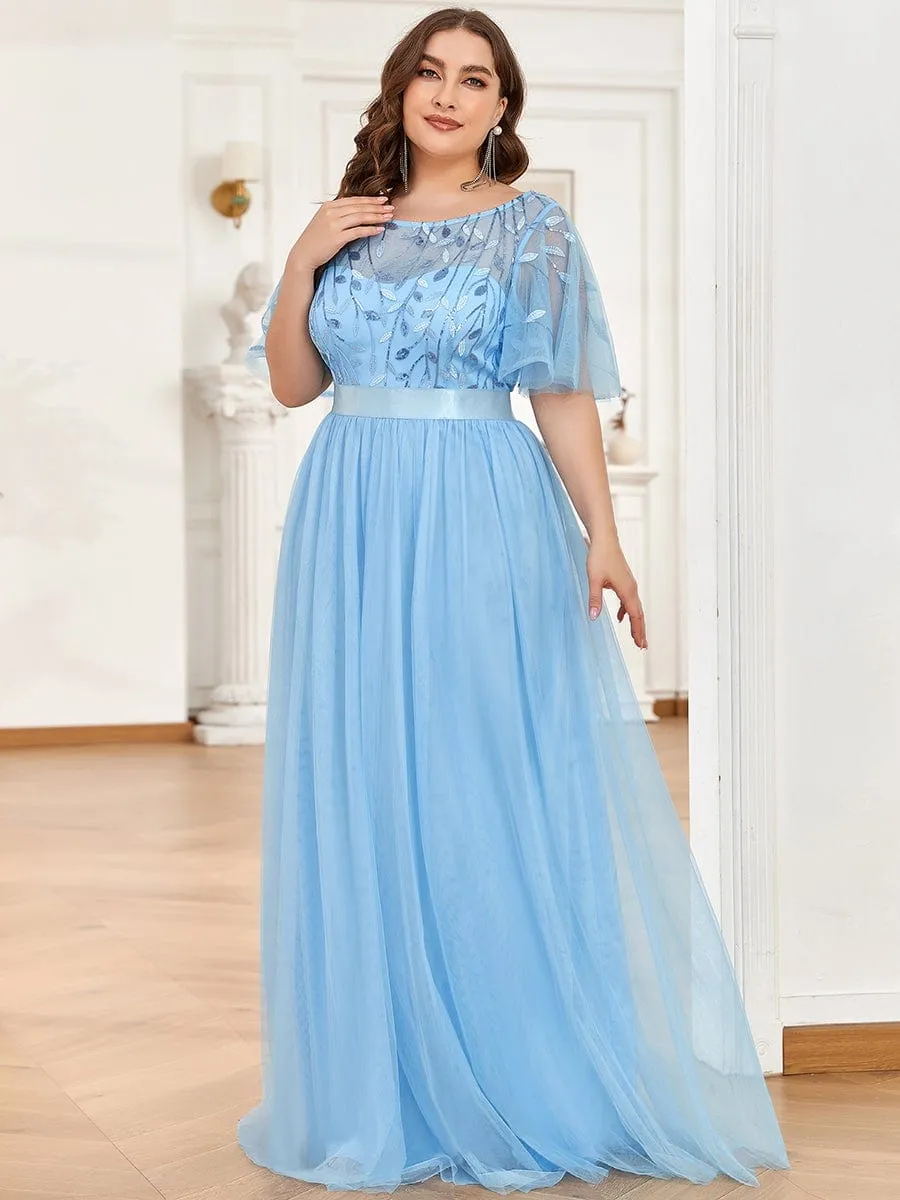 Plus Size Women's Embroidery Bridesmaid Dress with Short Sleeve