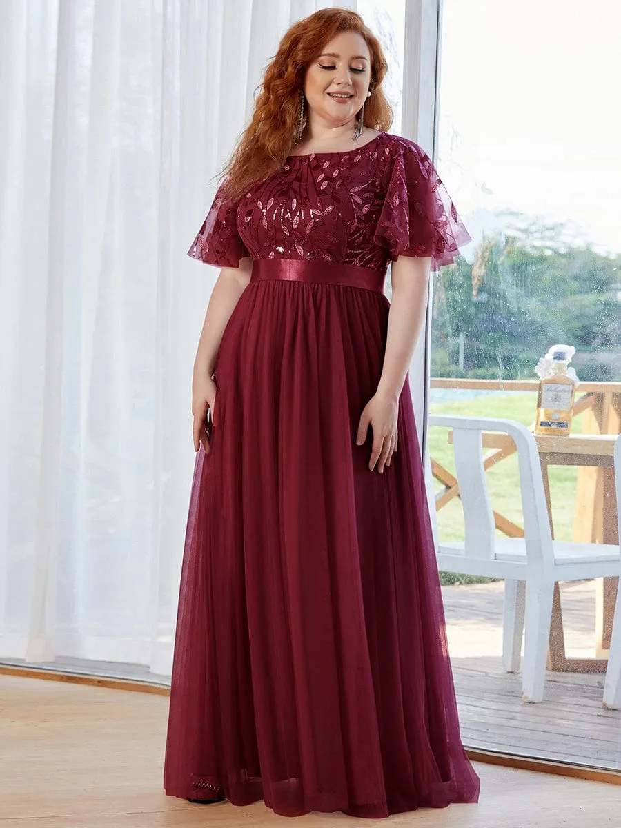 Plus Size Women's Embroidery Bridesmaid Dress with Short Sleeve