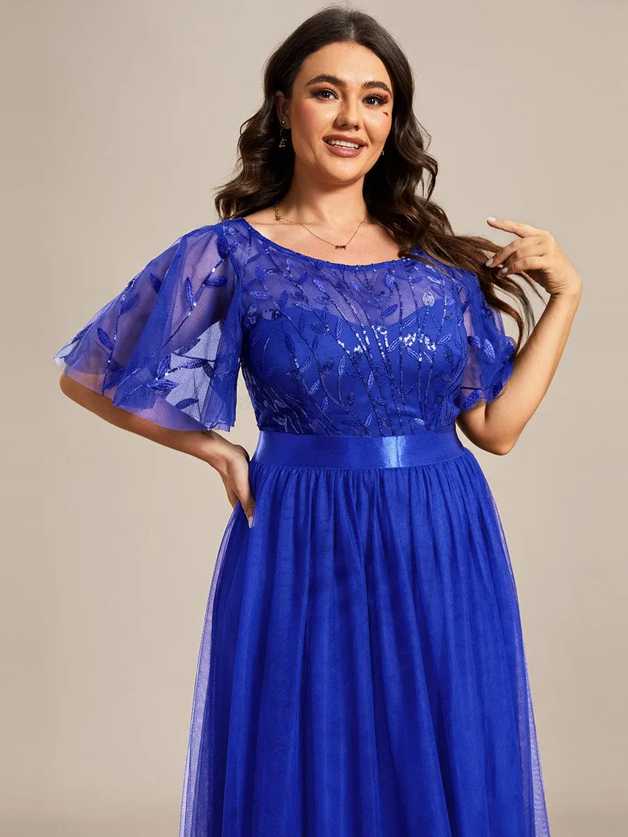 Plus Size Women's Embroidery Bridesmaid Dress with Short Sleeve