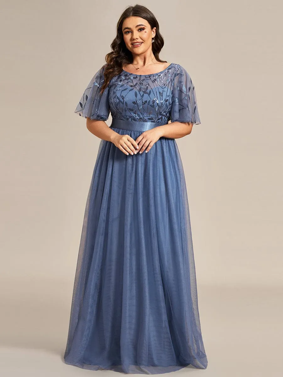 Plus Size Women's Embroidery Bridesmaid Dress with Short Sleeve