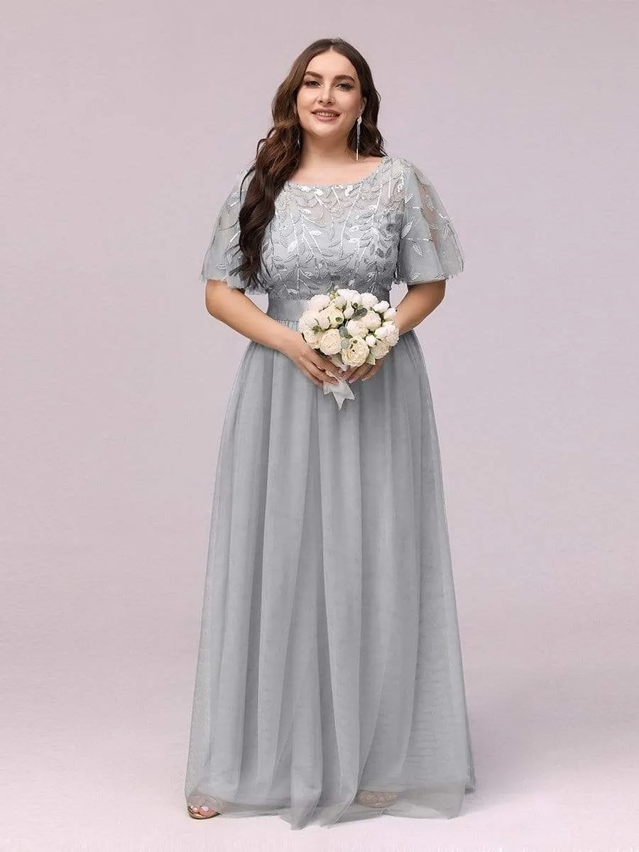 Plus Size Women's Embroidery Bridesmaid Dress with Short Sleeve