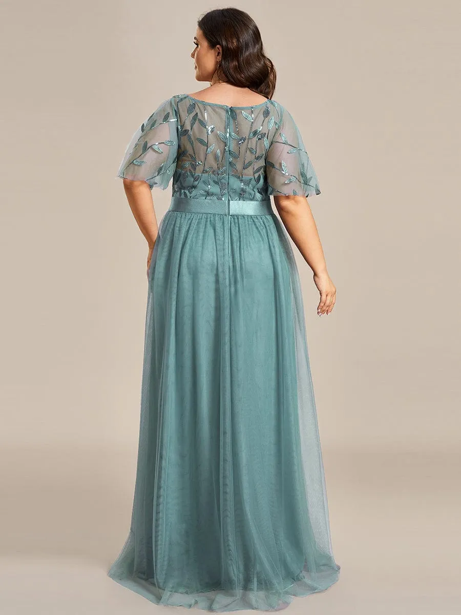 Plus Size Women's Embroidery Bridesmaid Dress with Short Sleeve