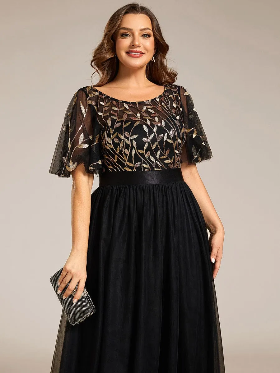 Plus Size Women's Embroidery Bridesmaid Dress with Short Sleeve